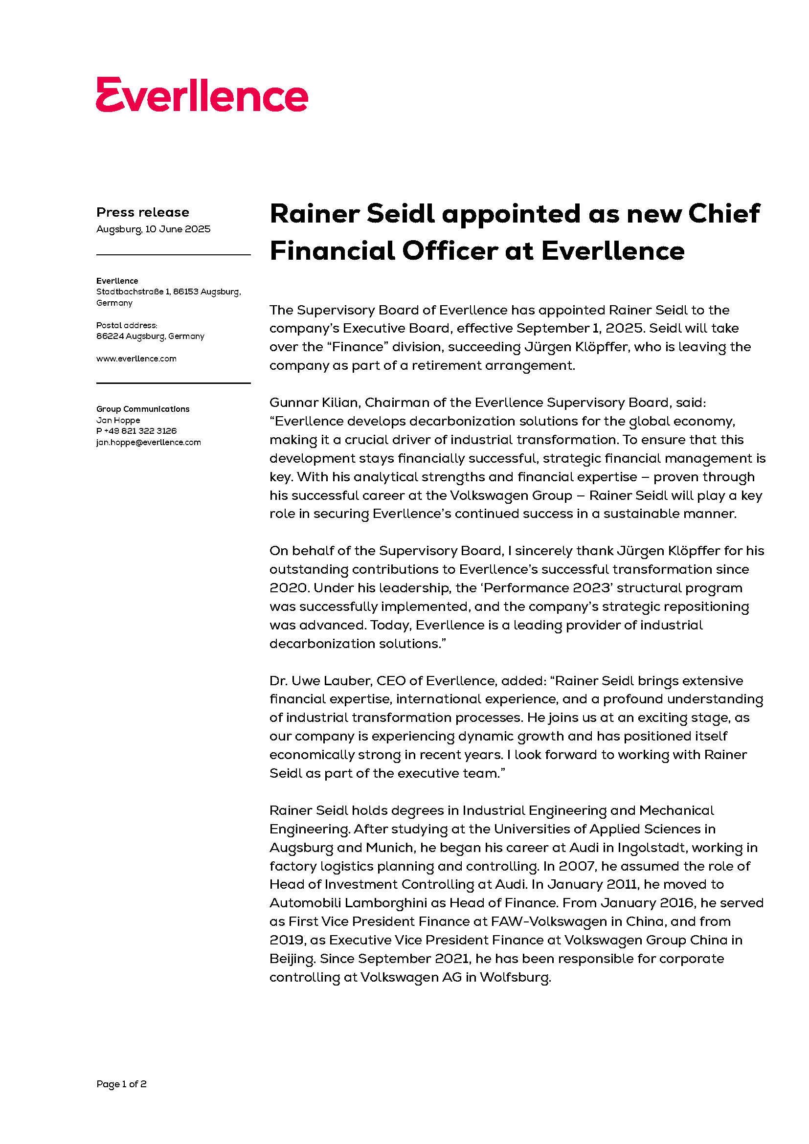 Rainer Seidl appointed as new Chief Financial Officer at Everllence